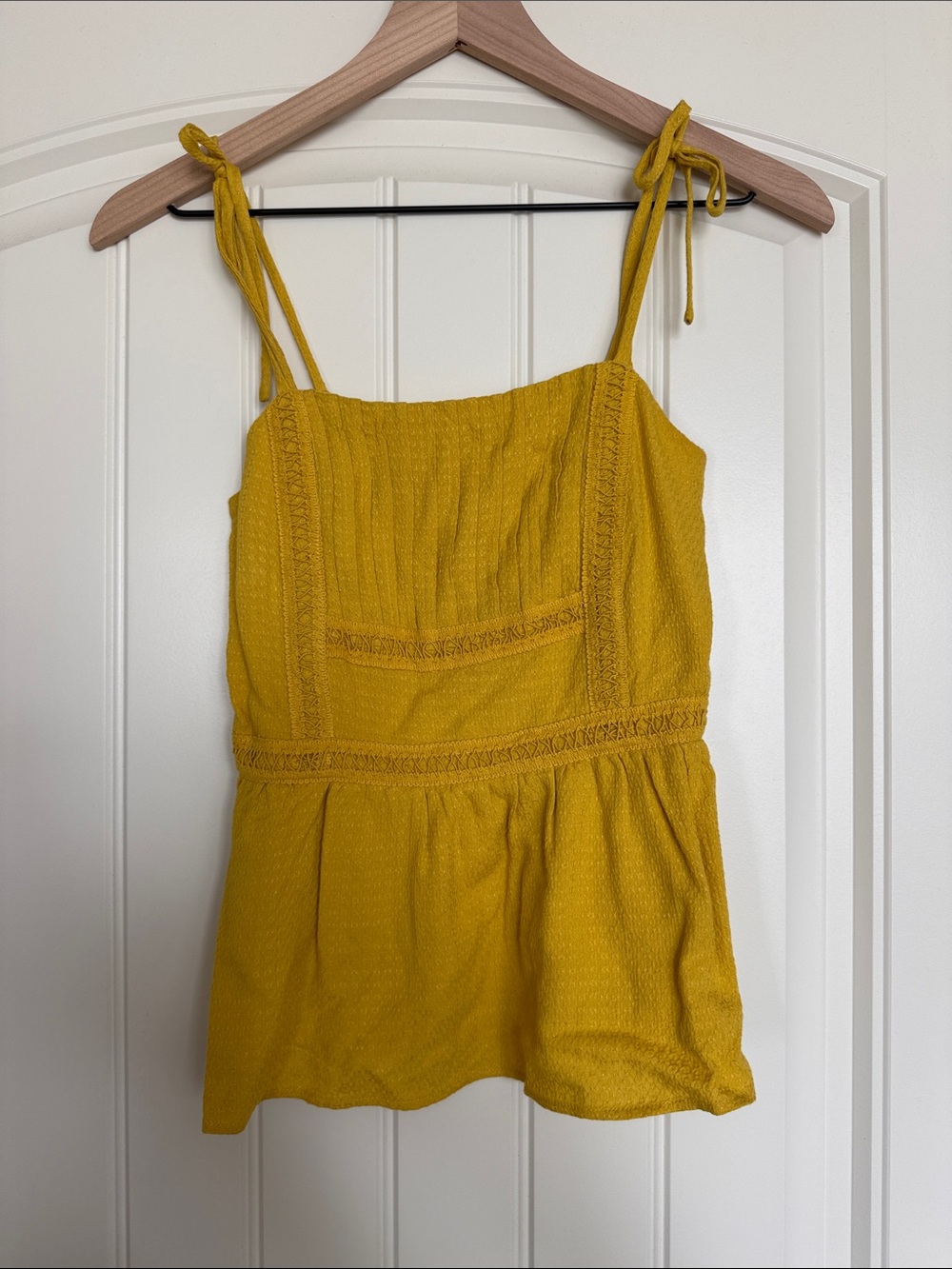 Tie-Shoulder Mustard Cami Top with Lace Trim